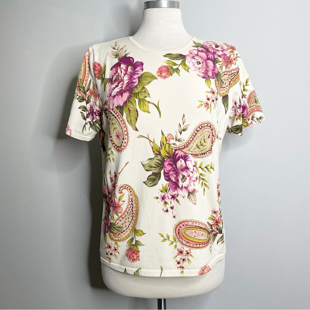 ALFRED DUNNER Paisley Floral Beaded Sequined Short Sleeve Top